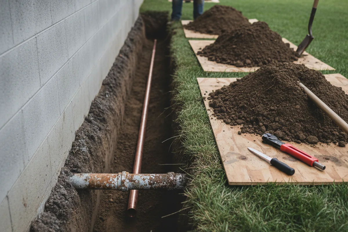 Excavated water line trench during Water Softener Installation in Battery Park